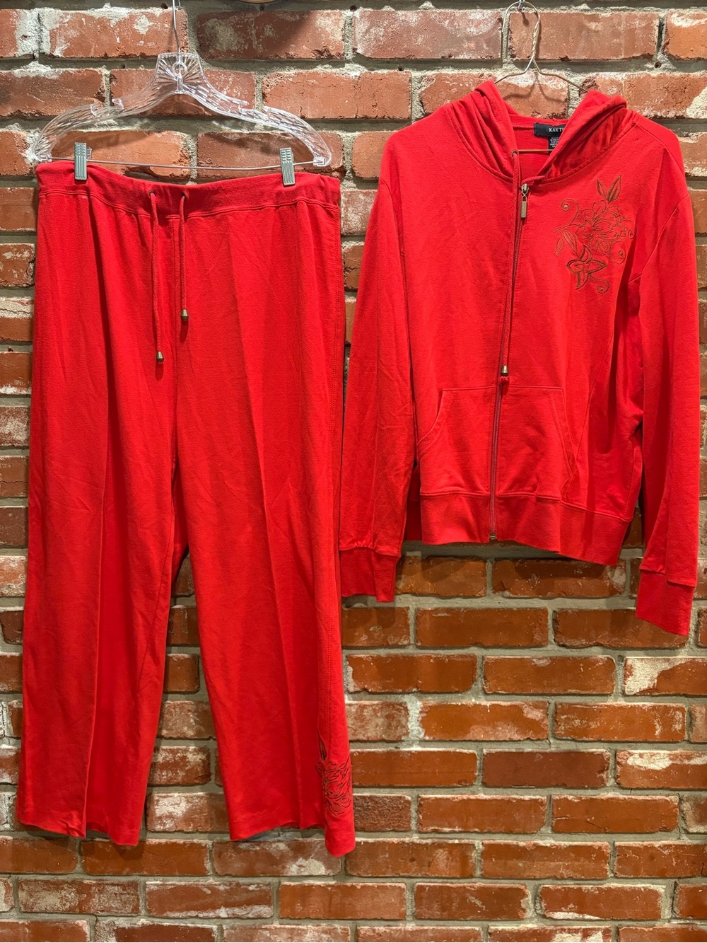 Kaktus Red Embroidered Loungewear Set Womens XL Zip Hoodie Wide Leg Lounge Pants